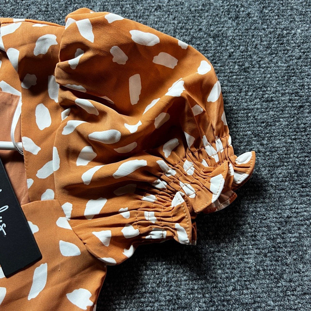 Lulus New w/tags Orange White Abstract Dot Puff Sleeve Mini Swing Dress XS - Picture 10 of 13